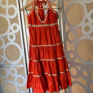 MARCIANO Red Orange Satin Halter Tiered Dress